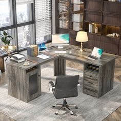 an office with a desk, chair and bookcase in the middle of the room