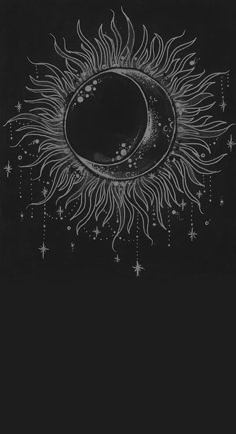 the sun and moon are drawn in chalk on black paper with white stars around it