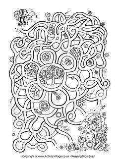 a coloring page with an image of a tree and flowers in the center, surrounded by circles