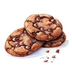 three cookies with chocolate chips on top are sitting next to each other and one is broken in half