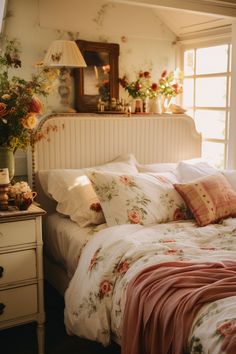 a white bed topped with lots of pillows next to a dresser filled with vases and flowers