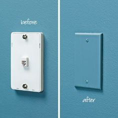 two pictures side by side with one light switch and the other showing an electrical outlet