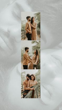 three different shots of a man and woman holding each other's hands in front of their faces