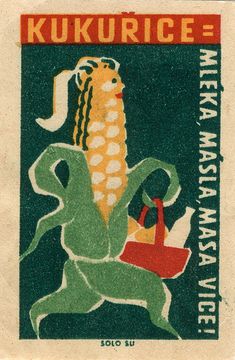 a postage stamp with an image of a woman carrying a bag and corn on the cob