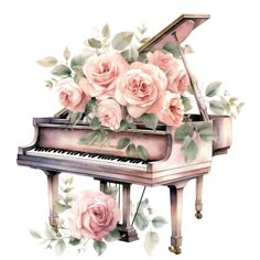 a watercolor painting of a piano with roses on it