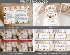 christmas themed table cards and place cards are shown in this collage with the text, what's included