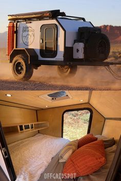 an off road camper is parked in the desert with its bed pulled up to it's side