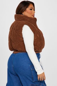 Available In Black And Cognac. Corduroy Puffer Vest Cropped Fur Lined Zipper Closure Body: 85% Polyester 15% Nylon Contrast: 98% Polyester 2% Spandex Filling/Lining: 100% Polyester Imported | Jhene Corduroy Puffer Vest in Cognac Brown size XL by Fashion Nova Puffer Vest Cropped, Corduroy Puffer, Puffer Vest, Jacket Style, Cognac, Fashion Nova, Puffer, Jackets & Coats, Spandex