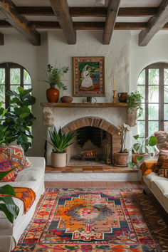 a living room with a fire place, couches and rugs on the floor