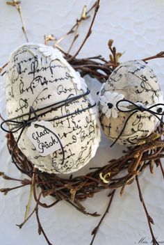 two eggs in a nest with writing on them