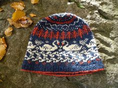 a blue and red knitted hat sitting on top of a rock next to leaves