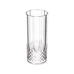 a clear glass vase sitting on top of a white table