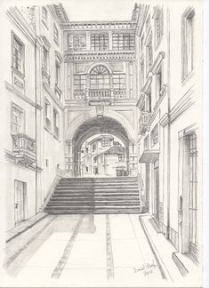 a pencil drawing of an entrance to a building with steps leading up and down it