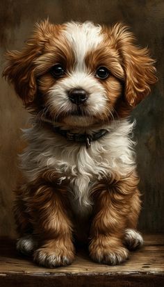 a brown and white puppy sitting on top of a wooden table next to a wall