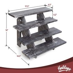 three tiered wooden shelf with measurements for the top and bottom shelves on each side