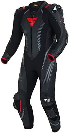 a black and red motorbike is shown in full body suit with zippers