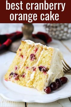 the best cranberry orange cake with cream cheese frosting on a white plate