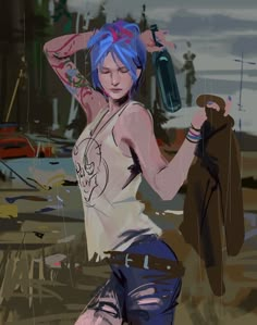 a digital painting of a woman with blue hair holding a water bottle and looking at the camera