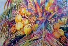 a painting of bananas and palm leaves