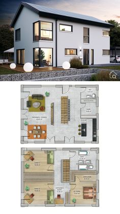 the floor plan for a modern house with two floors and an open living room, dining area