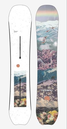 the snowboard is designed to look like it has mountains and flowers on it