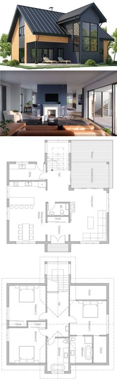 the floor plan for a modern house with two levels and an open living room, dining area