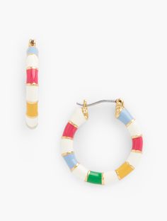 Stripe Hoop Earrings. When all you need is a pop of color. Featuring a medium hoop design with a colorful stripe motif. Wear with our Stripe Enamel Bangle to complete the look. Features Standard pin and catch closure Imported Fit: 1"x1" Material: 60% Zinc, 40% Enamel | Stripe Hoop Earrings Talbots Enamel Hoop Earrings, Classic Jewelry Pieces, Earring Pins, Enamel Bangle, Hoop Design, Classic Style Women, Classic Jewelry, Modern Classic, All You Need Is