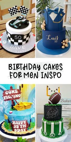 birthday cakes for men in the style of cars and race cars, with text overlaying