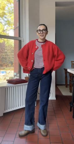 Red Accents Outfit, Archivist Aesthetic Outfit, Hoi An Tailor Clothes, Red Cardigan Outfit Aesthetic, Archivist Aesthetic, Pop Of Red Outfit, Fun Winter Outfits, Vintage Tomboy, Thrift Fits