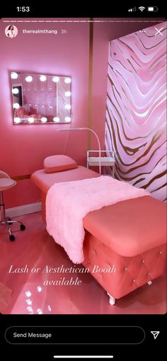 a pink room with a bed, mirror and lights on the wall is featured in an instagram