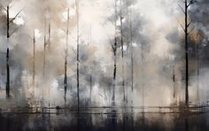 an abstract painting of trees and water in the foggy forest, with white clouds