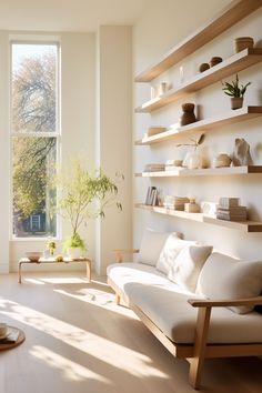 a living room filled with lots of white furniture