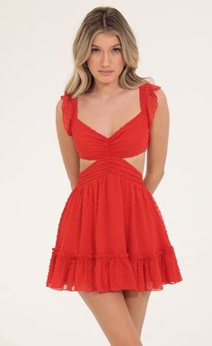 Carolyn Dotted Chiffon Ruffle Dress in Red | LUCY IN THE SKY Ruffle Dress Casual, Beach Party Dresses, Chiffon Ruffle Dress, Beach Party Dress, Chiffon Mini Dress, Backless Mini Dress, Mini Dresses For Women, Chiffon Ruffle, Swiss Dot