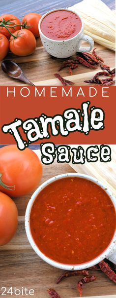 homemade tamale sauce in a white bowl on a cutting board with tomatoes and other ingredients