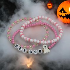 Hey Boo Ghost Beaded Bracelet  Please select your size and style before checkout  ☆ 𝙲𝙰𝚁𝙴 ☆ To maintain the quality of your SimplyjustKnotted piece,  -avoid direct contact with perfumes, lotions, and other chemicals  -remove when bathing, showering, swimming and sleeping  ☆𝚀𝚄𝙴𝚂𝚃𝙸𝙾𝙽𝚂☆ If you have any questions, please feel free to send me a message. I want you to love your pieces as much as I love making them❤️ Have fun picking out your favorite piece! ☆𝚂𝙸𝚉𝙴𝚂☆ Standard (non-specified) size will be 6.5 inches  6"kids/tween 6.5" standard woman 7" 7.5" me 8" standard men ☆Children Sizes☆ 4-5 Yrs- 5.75 inches 6-7 Yrs- 6 inches 8-9 Yrs- 6.25 inches 10-11 Yrs-6.5 inches 12-14 Yrs 6.75 inches Pink Halloween Bracelet, Beaded Halloween Jewelry, Spooky Bracelet, Bracelets Preppy, Halloween Beaded Jewelry, Bracelets Kandi, Diy Kandi Bracelets, Holiday Bracelets, Preppy Bracelets