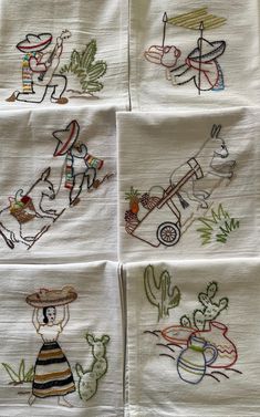 six embroidered tea towels with pictures of people and animals