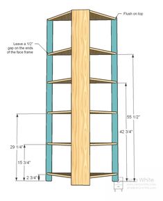 the plans for a bookcase are shown in blue and white, with measurements to each shelf