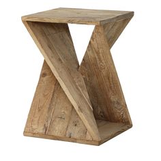 a wooden side table with an x - shaped design on the top and bottom, against a white background