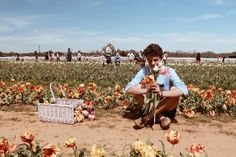 a woman kneeling down to pick flowers in a field