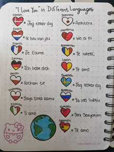 an open notebook with different languages written on it and pictures of the world in heart shapes