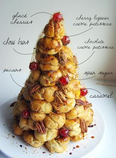 a christmas tree made out of pastries on a white plate with words describing the ingredients