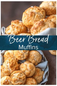 beer bread muffins in a basket with text overlay