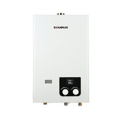 a tankless water heater with the word camplux on it's side