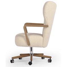 an office chair with wheels and wooden arms