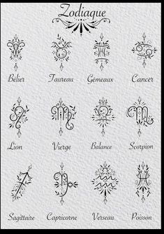 the zodiac signs and their meanings are shown in black on white paper, with an ornate border