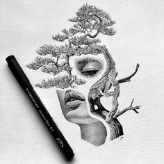 a pencil drawing of a woman's face and tree