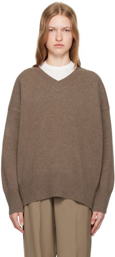 Knit boiled superfine wool sweater. · Relaxed-fit · Rib-knit V-neck, hem, and cuffs · Dropped shoulders Supplier color: Taupe melange Wool Sweaters, Drop Shoulder, Knitwear Women, Vneck Sweater, Apparel Accessories, Rib Knit, Knitwear, Cuff, V Neck