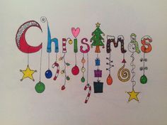 a christmas card with ornaments and decorations hanging from it's sides, on a white paper background