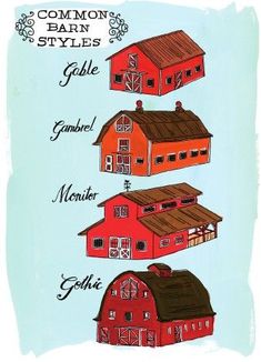 an image of different types of barn style houses in red and brown colors on blue background