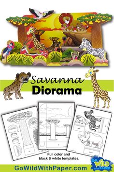 the savannah diorama coloring page is shown with pictures of animals and other things